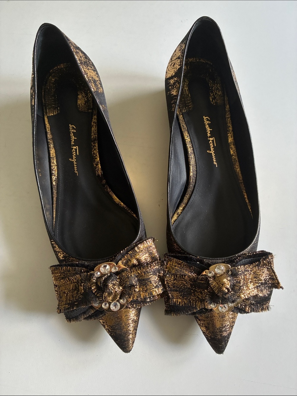 Salvatore Ferragamo Black and Gold Pointed Bow Flats